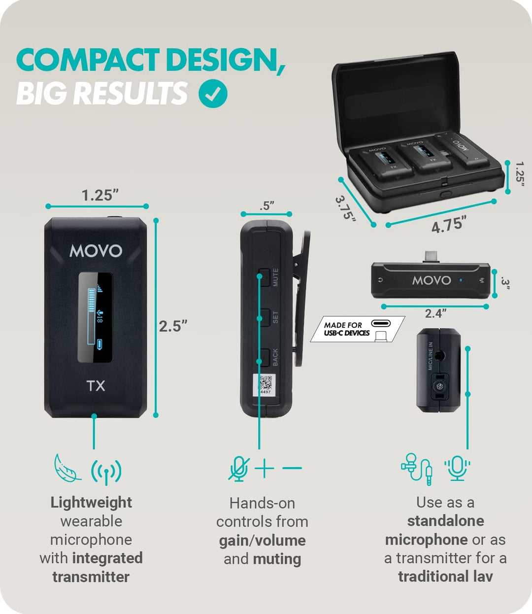 Movo WMX-2-C-DUO Dual Wireless Lavalier Mikrofone für Android mit Ladehülle, Onboard Mikrofone, Clip
