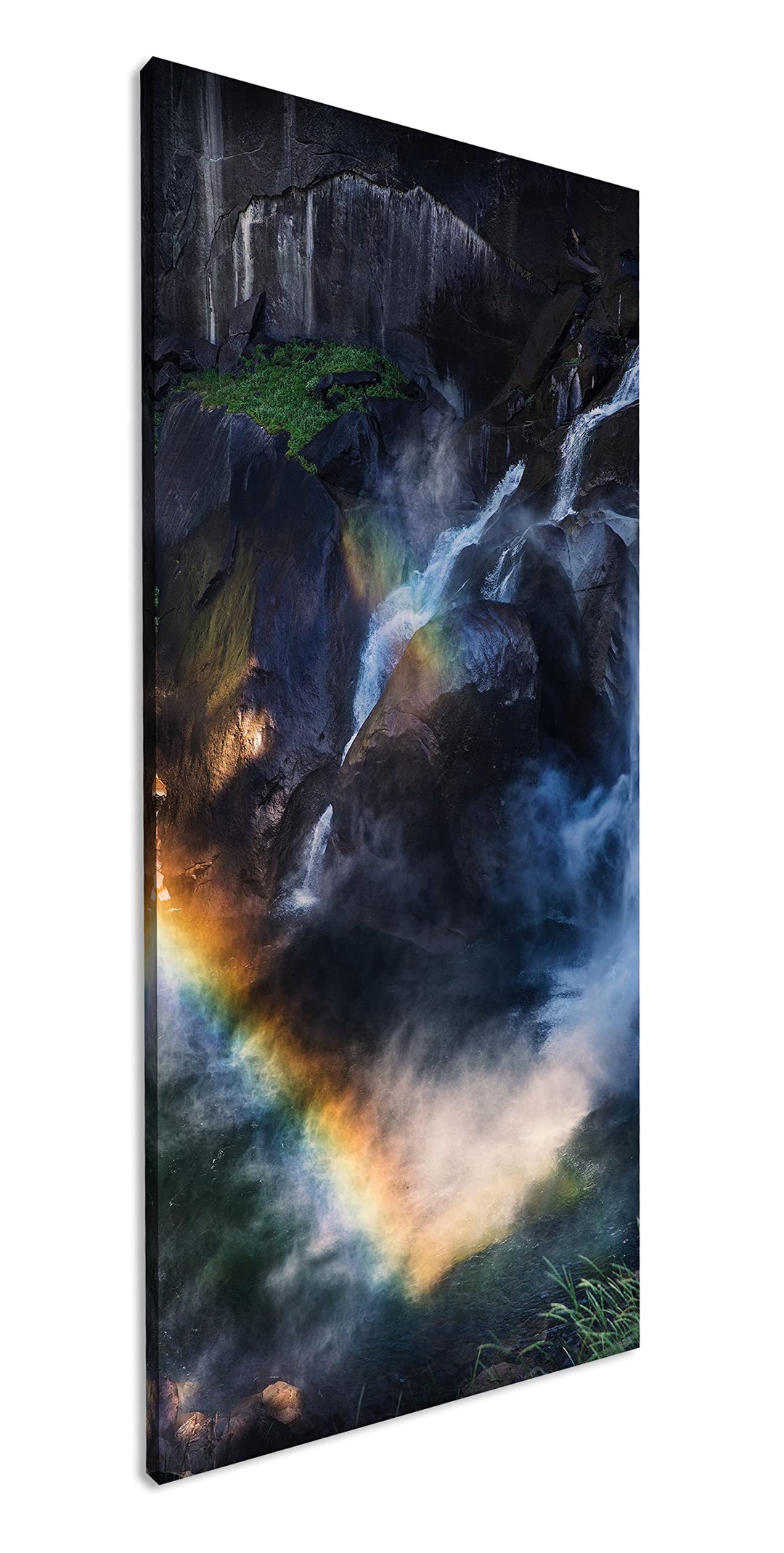 Regenbogen am Wasserfall Panorama 80x40 cm als Leinwandbild, Motiv fertig gerahmt auf Echtholzrahmen