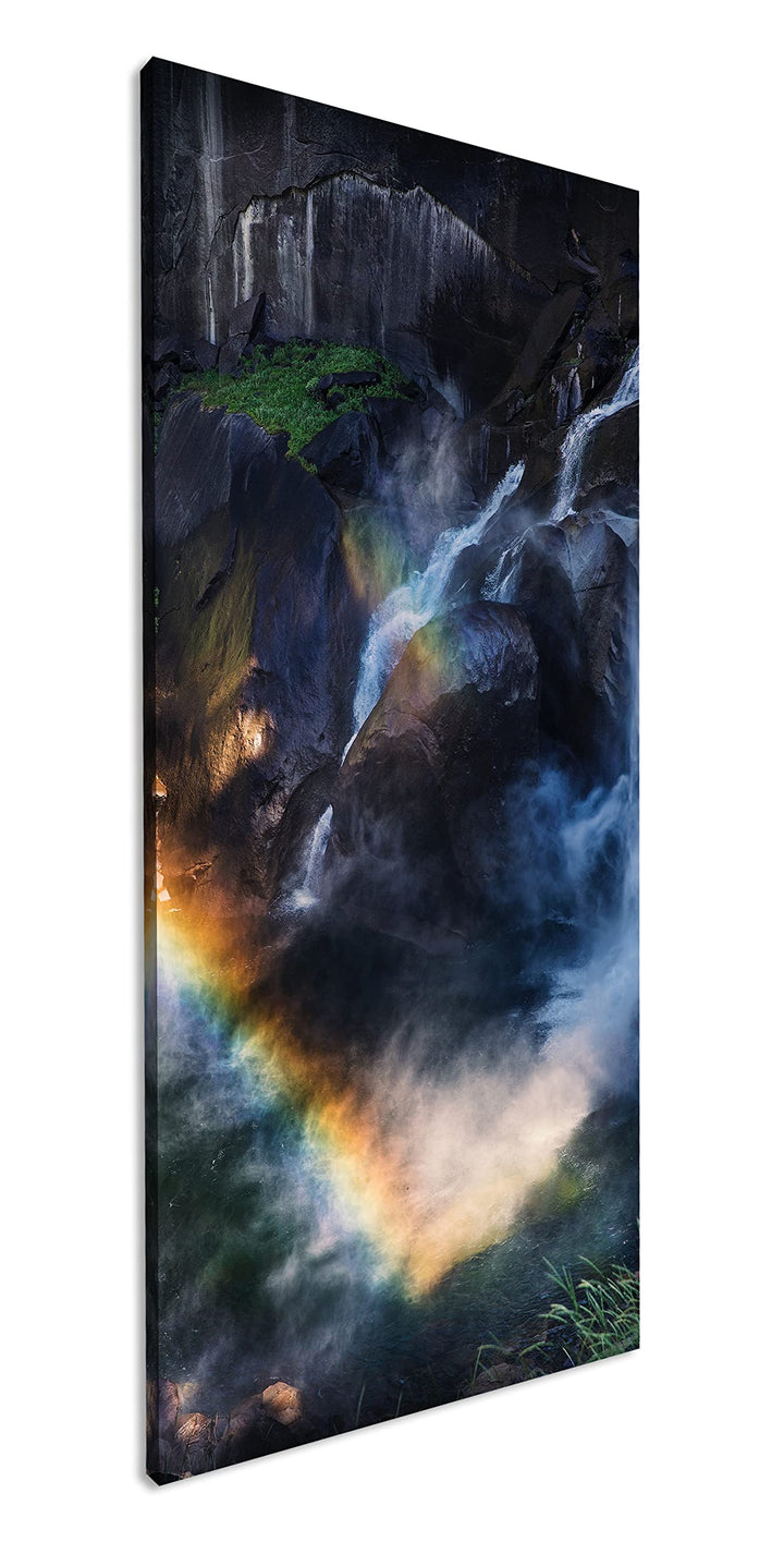Regenbogen am Wasserfall Panorama 80x40 cm als Leinwandbild, Motiv fertig gerahmt auf Echtholzrahmen