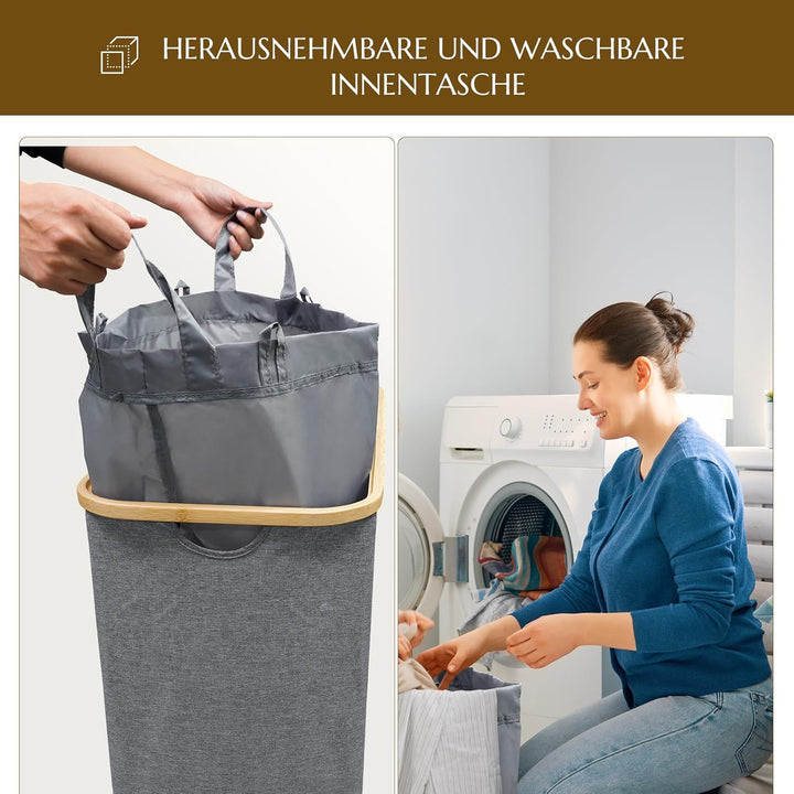 Wäschekorb mit Deckel 2 Fächer, 140L Wäschesammler schmal mit herausnehmbaren Wäschesack Laundry Bas