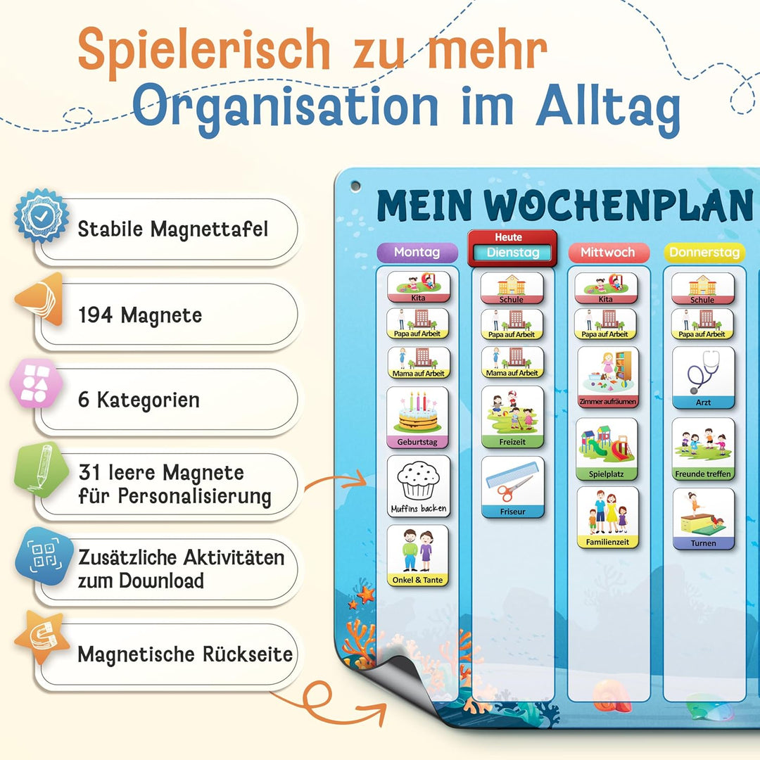 LIKARTO Wochenplaner Kinder – [DAS ORIGINAL] – Montessori Aufgabenplaner & Magnettafel – individuell