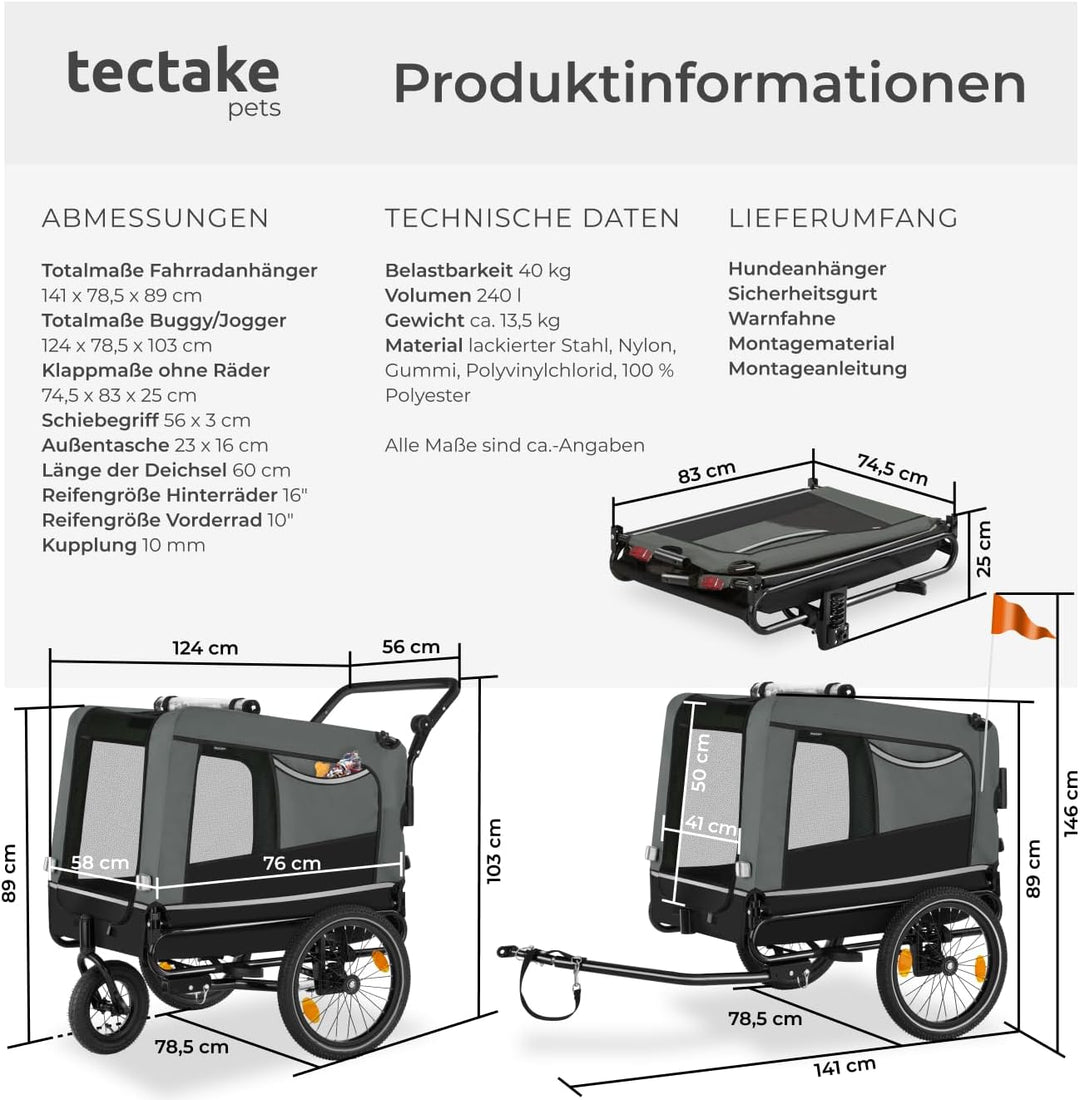 tectake® Fahrradanhänger multifunktional - als Hunde Anhänger Wagen für Fahrrad und e Bike, Jogger o