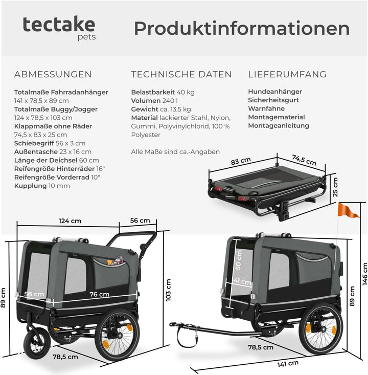 tectake® Fahrradanhänger multifunktional - als Hunde Anhänger Wagen für Fahrrad und e Bike, Jogger o
