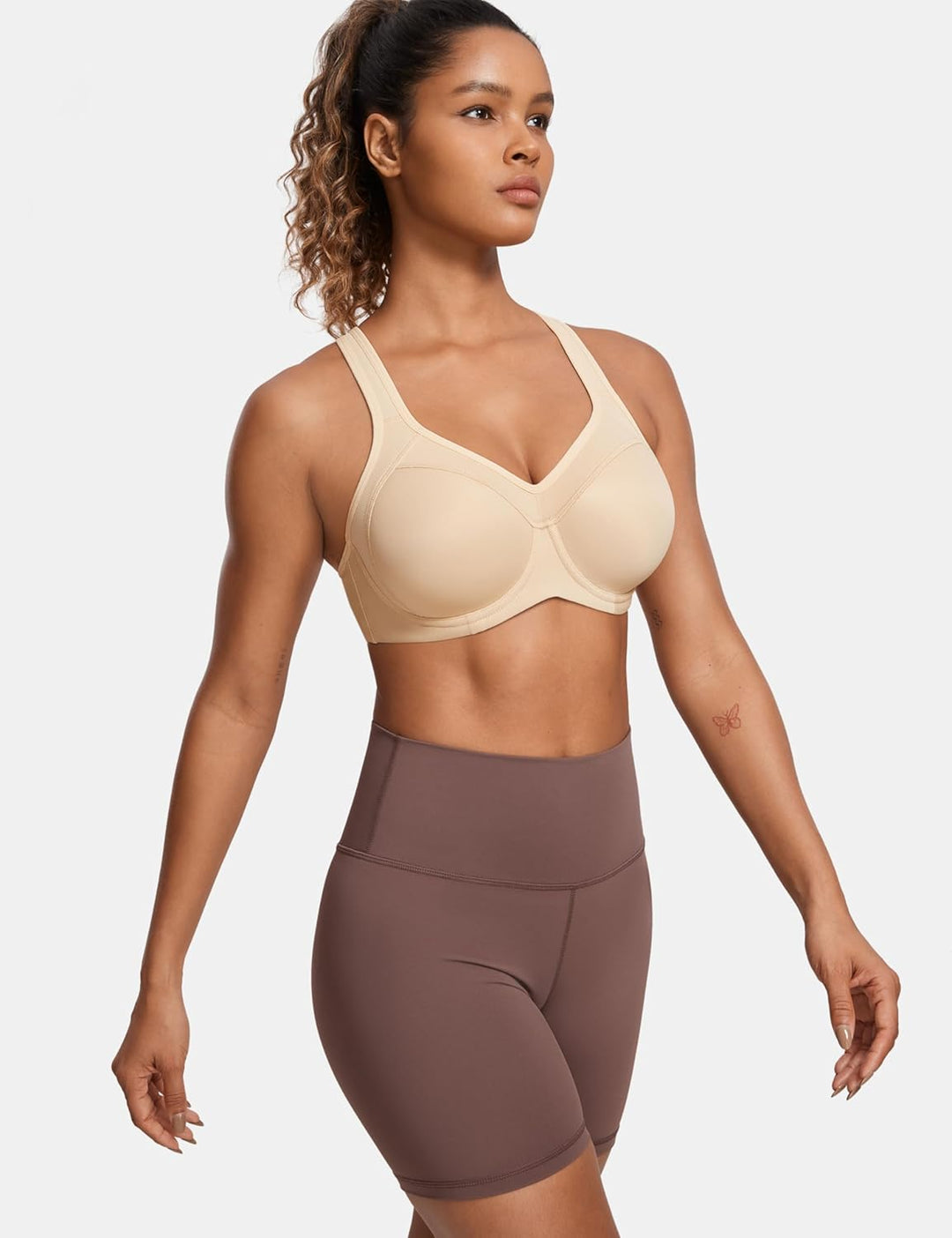 SYROKAN Damen Sport BH Starker Halt- Bügel Push Up Ringerrücken Gepolstert Fitness BH 70B Beige, 70B