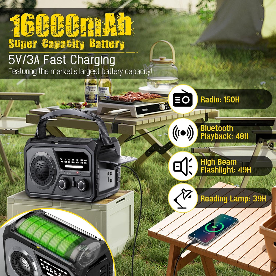 16000mAh Solar Radio,AM/FM Kurbelradio Tragbar USB Notfallradio mit 59200mWh Wiederaufladbare Batter