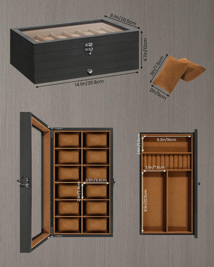 Uten Uhrenbox mit 12 Fächern, 2 Ebenen Uhrenkasten aus Massivholz mit Glasdeckel, Uhrenkissen Seiden