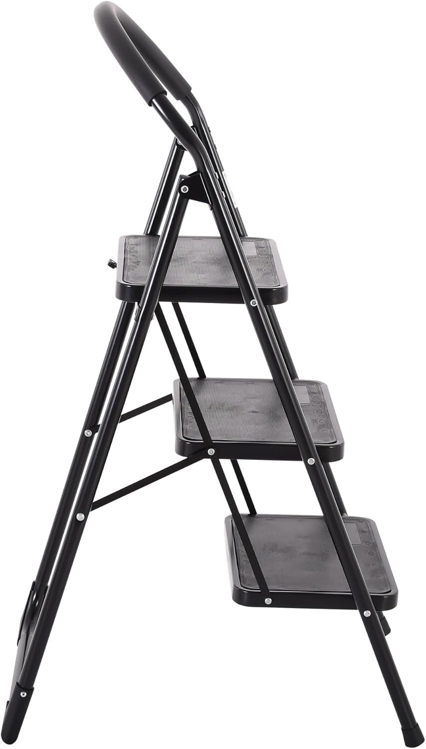 Raburg Tritt-Leiter Tom, 3 Stufen in SCHWARZ, klappbar, 73 cm hoch, Komfort-Sicherheitshandlauf, bis