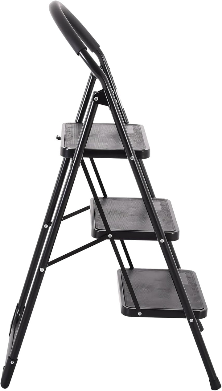 Raburg Tritt-Leiter Tom, 3 Stufen in SCHWARZ, klappbar, 73 cm hoch, Komfort-Sicherheitshandlauf, bis