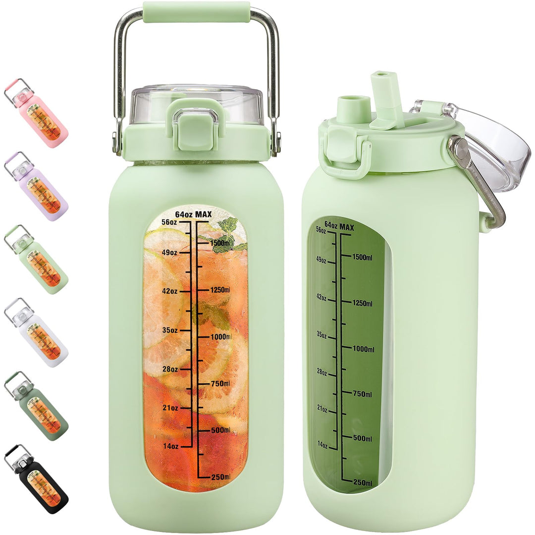 BLUEGO 2000ml Glaswasserflasche mit Edelstahlgriff und Zeitmarkierung 2L Trinkflasche Borosilikatgla