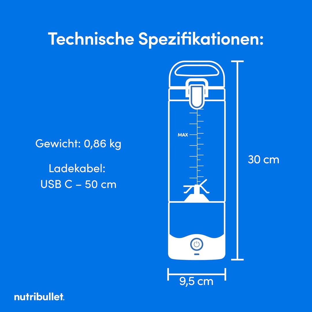 nutribullet Portable NBP003LG, tragbarer Mixer (475ml), wiederaufladbar, Mini Mixer, 4-Klingen-Messe