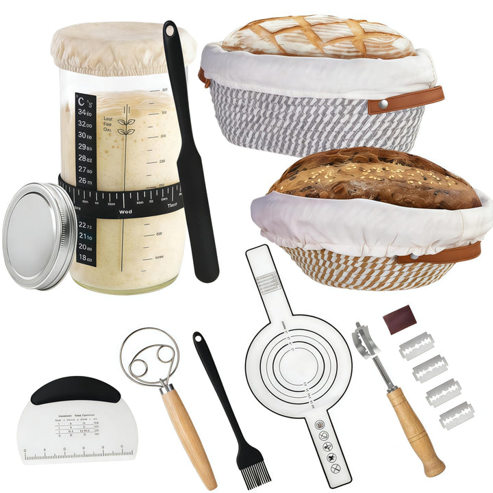 Sauerteig Starter Set, 13PCS Brotbackset Ausrüstung mit 2 Handgeflochtenen Gärkörben, 1000 ml Glas,