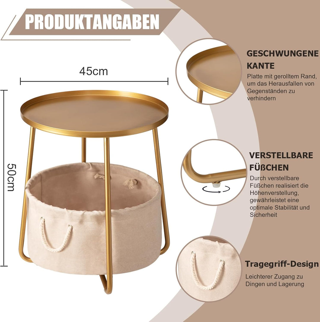 danpinera Gold Beistelltisch, Kleiner runder Beistelltisch mit Aufbewahrungskorb aus Stoff, Beistell