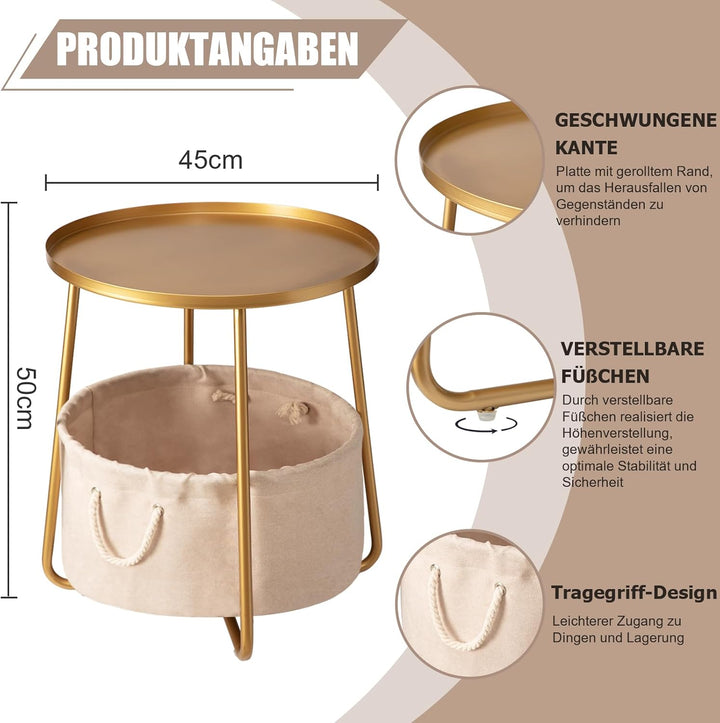danpinera Gold Beistelltisch, Kleiner runder Beistelltisch mit Aufbewahrungskorb aus Stoff, Beistell