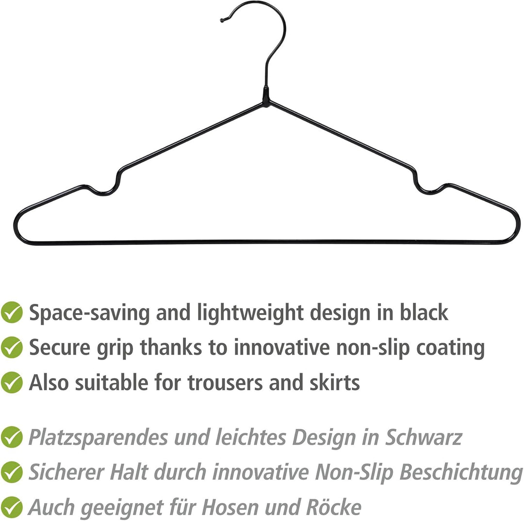 WENKO Kleiderbügel Sascha Schwarz, 20er Set, Garderobenbügel mit Non-Slip Beschichtung, verchromtes