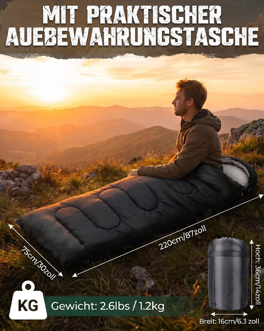 Schlafsack Camping für 3–4 Jahreszeiten, Outdoor-Schlafsack für Erwachsene und Kinder, Kompakter Sch