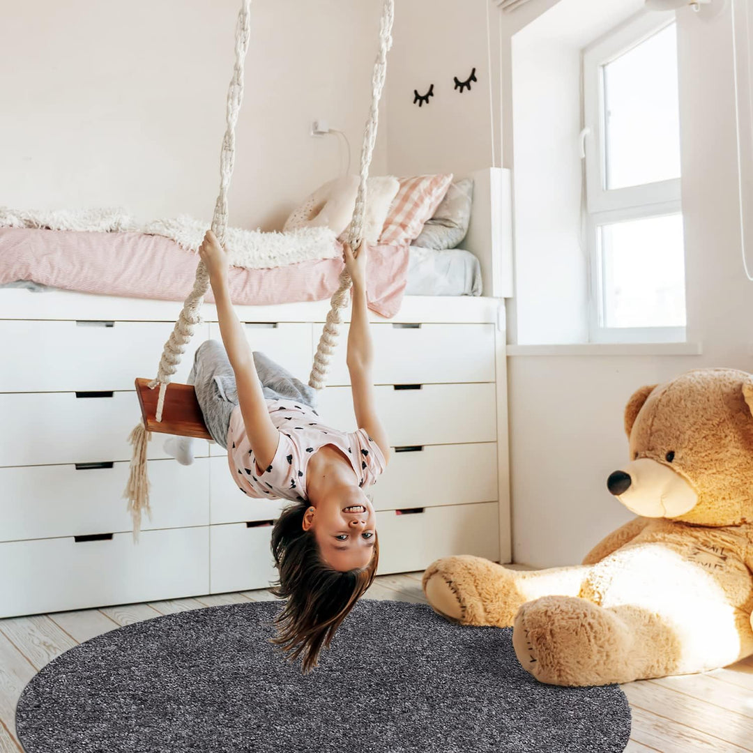 payé Teppich Rund Hochflor Shaggy - 200x200cm - Anthrazit Einfarbig Uni Flauschig Modern Boho Wohnzi