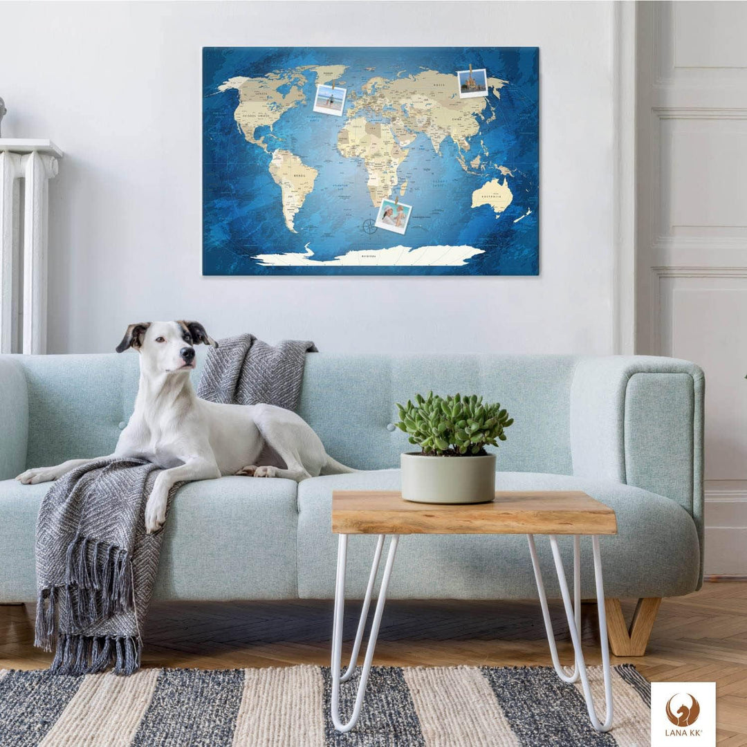 LANA KK Leinwandbild - World Map Blue Ocean - in 100 x 70 cm, einteilig, Premium Qualität, mit Korkr