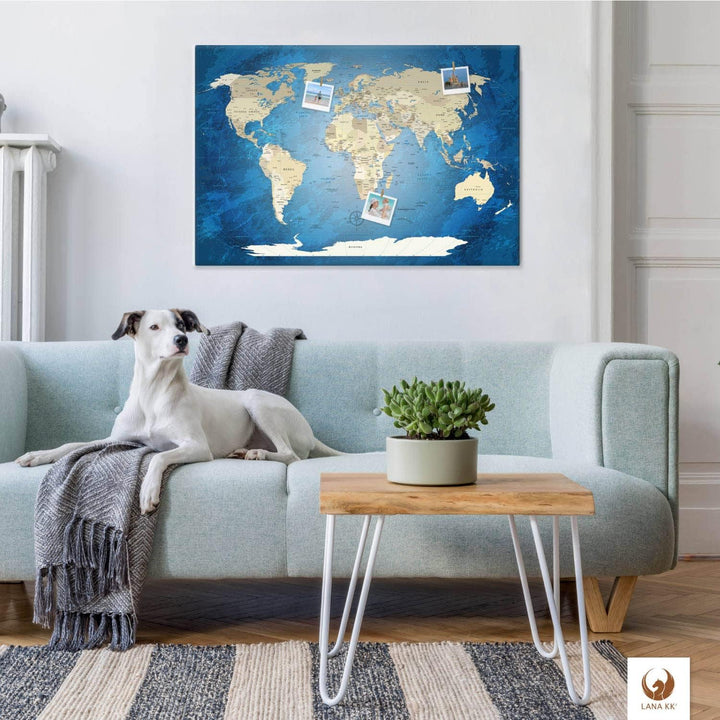 LANA KK Leinwandbild - World Map Blue Ocean - in 100 x 70 cm, einteilig, Premium Qualität, mit Korkr