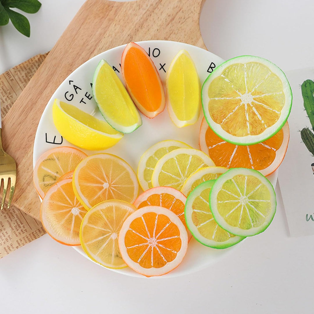 Xusxes 37 Stück Orangenscheiben Plastik, Künstliche Zitronenscheiben, Limetten Deko, Limetten Plasti