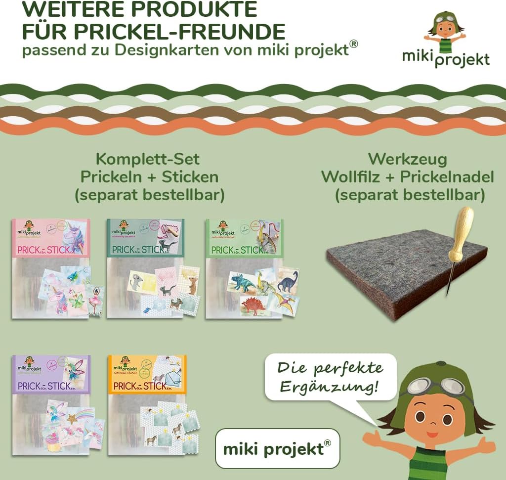 mikiprojekt® Prickelbilder Premiumqualität, Naturkarton - ab 4 Jahren mit Garn - Ausnähkarten – made