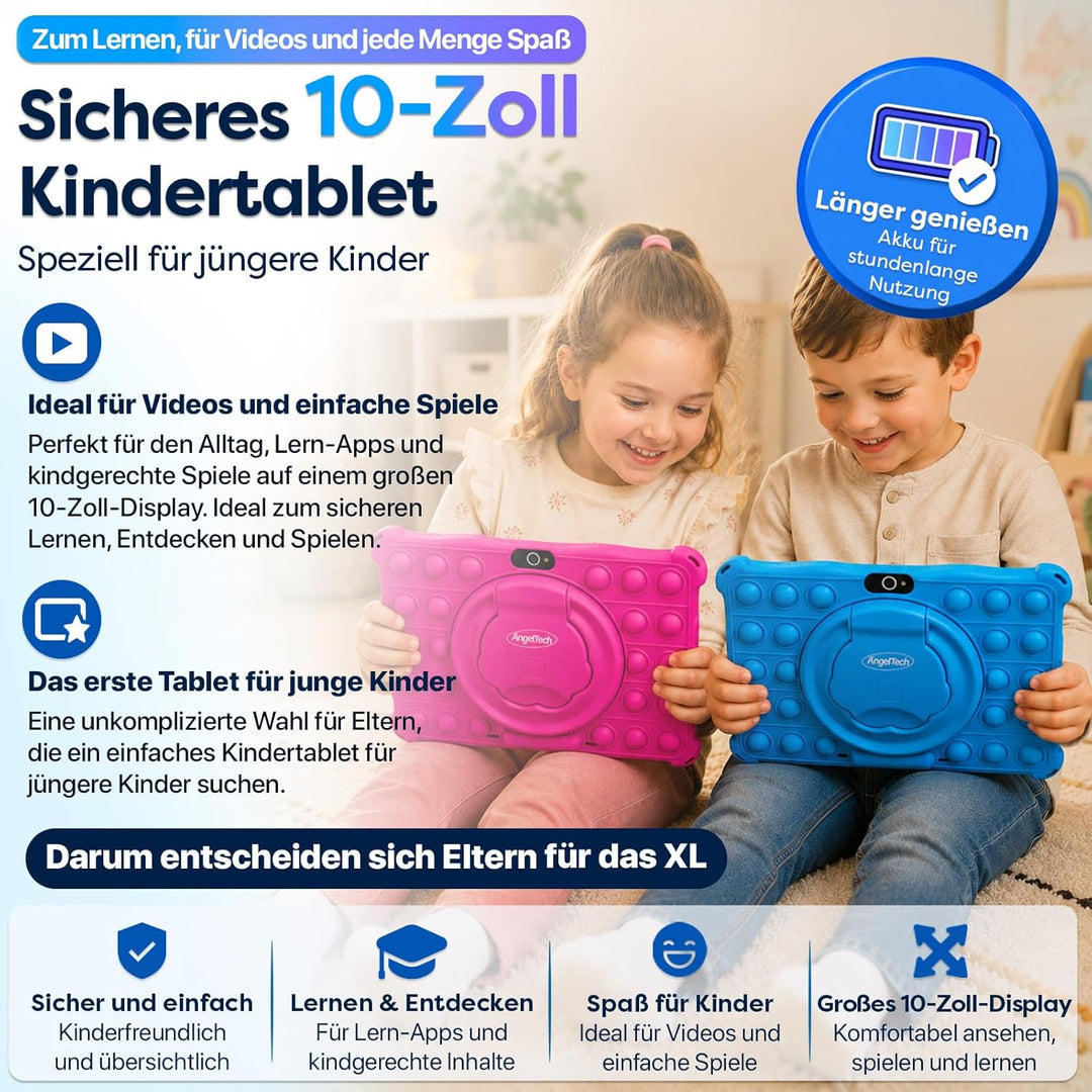 AngelTech Kindertablet XL - 10 Zoll HD - 3 + 4 GB RAM - 32 + 64 GB ROM (Blau) blu, blu