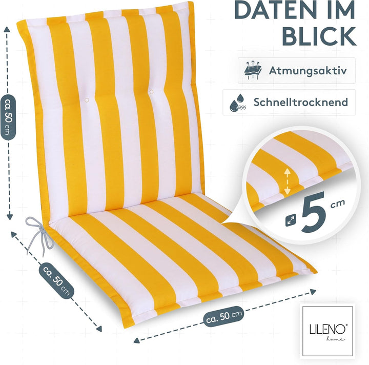 LILENO HOME Gartenstuhl Auflagen als [2er Set - Niedriglehner] in Blockstreifen Gelb - Bequeme Liege
