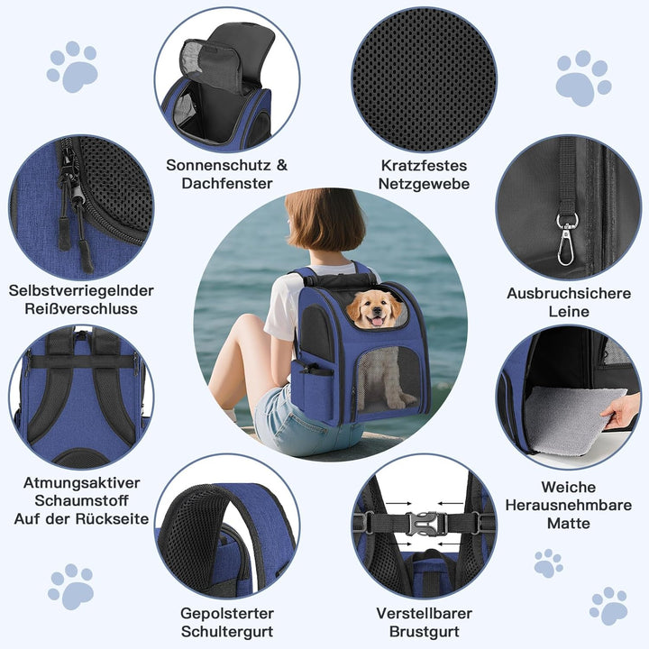 Hunderucksack bis 10kg, Haustier Rucksack mit Netzfenster, Faltbare Katzenrucksack Hunde Rucksack, A