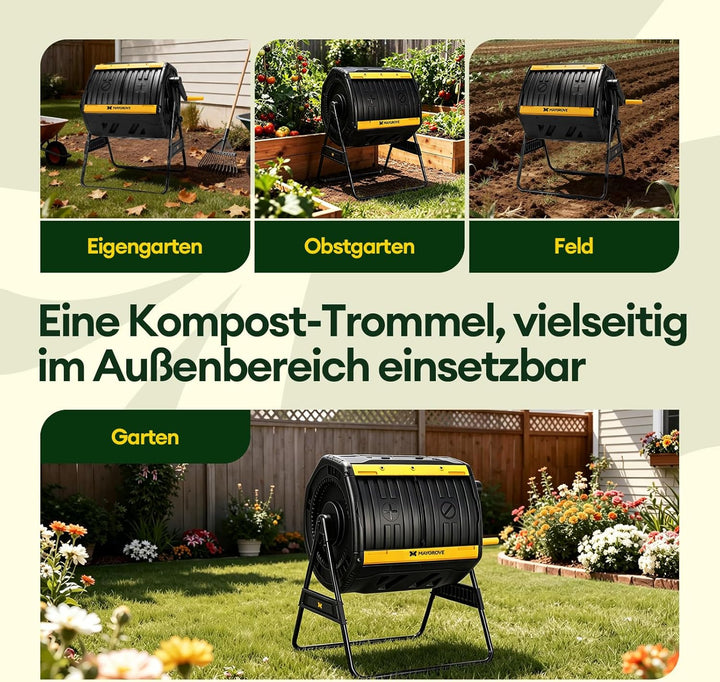 Komposter Garten 200L Schnellkomposter mit 2 Grossen Kammern und Schiebetüren Trommelkomposter 360°-