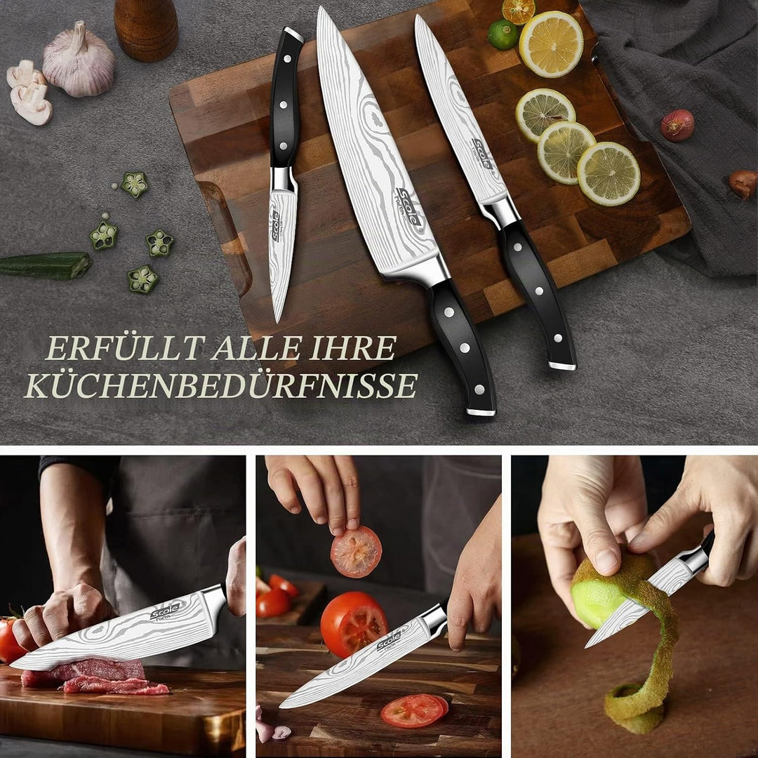 SCOLE® Messerset 3-teilig,Küchenmesserset aus deutschem 1.4116 Edelstahl | Scharfe Messer Set mit Kü