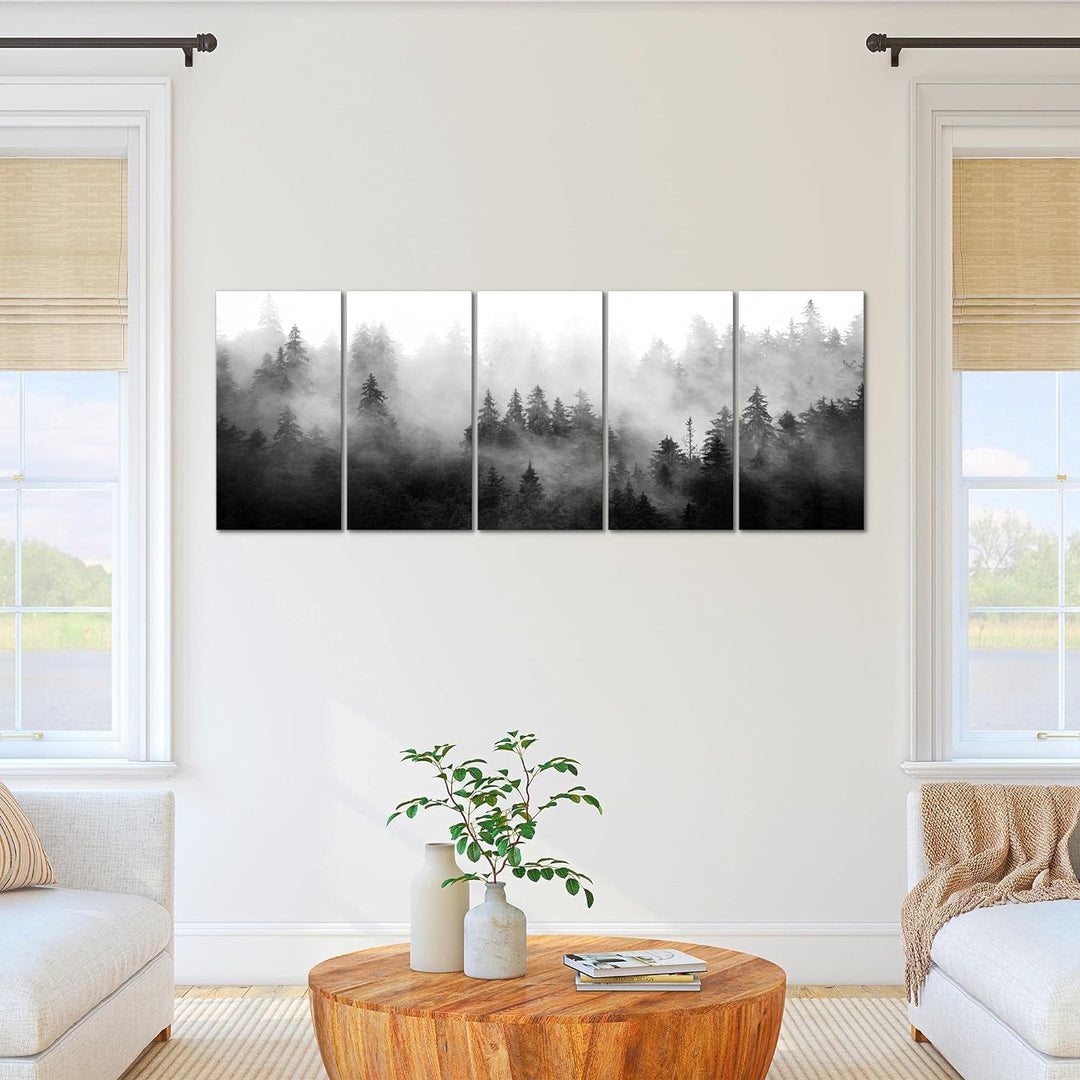 Runa Art Wandbild XXL Wald Natur Wohnzimmer Schlafzimmer 200 x 80 cm Schwarz Weiss 5 Teilig - Made i