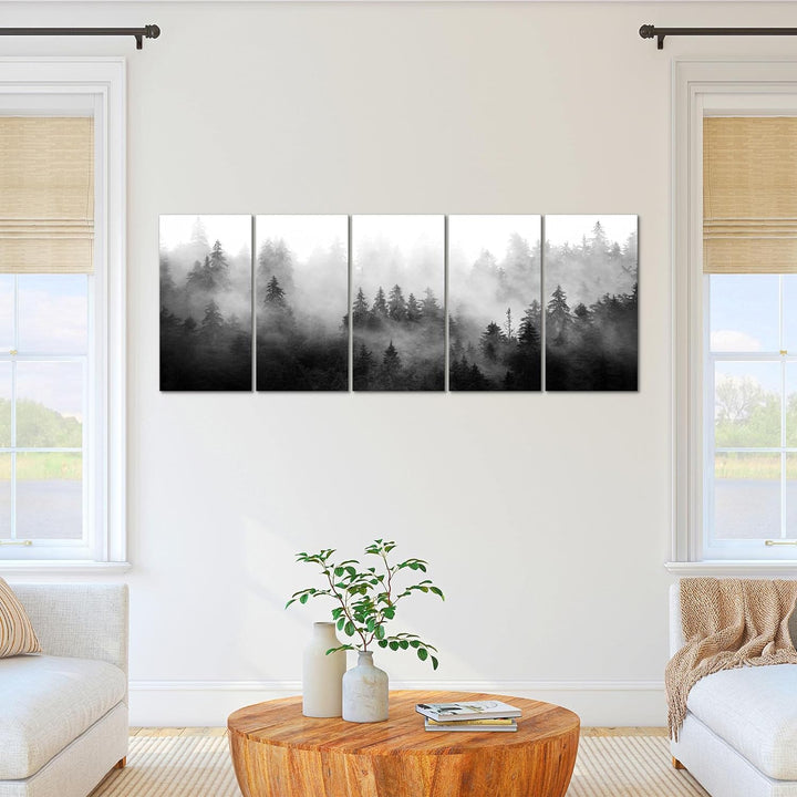 Runa Art Wandbild XXL Wald Natur Wohnzimmer Schlafzimmer 200 x 80 cm Schwarz Weiss 5 Teilig - Made i