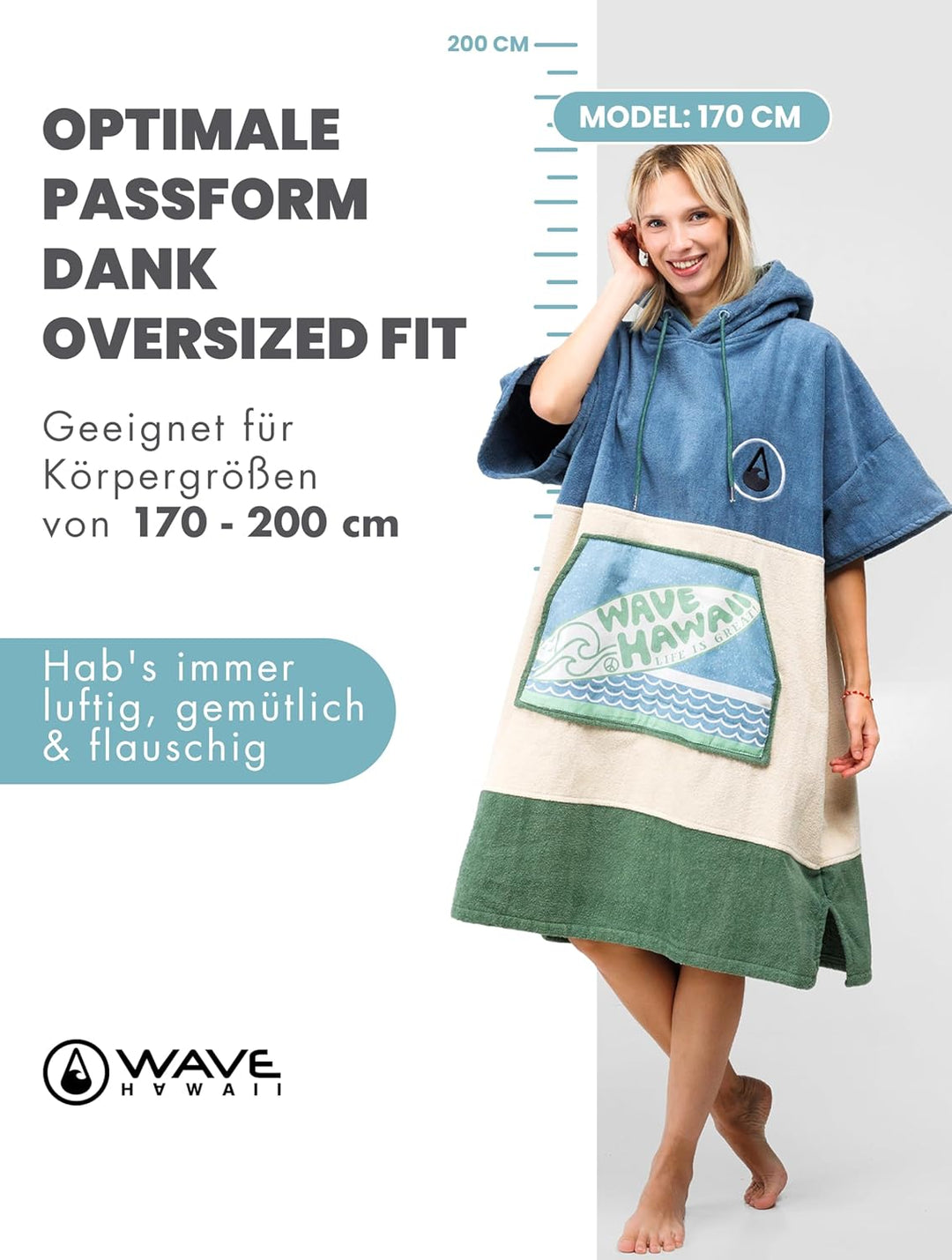 WAVE HAWAII Curitiba Surfponcho für Körpergrössen von 170-200 cm Poncho 100% ÖKO Baumwolle Velours U
