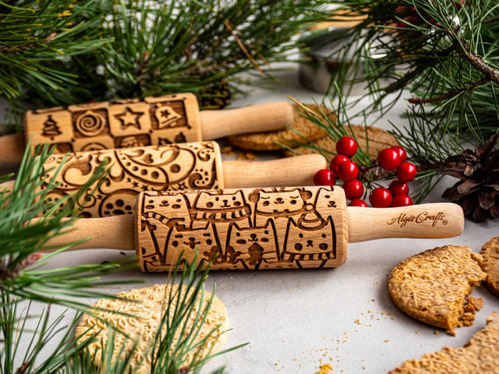 Kinder Nudelholz mit Muster WEIHNACHTSFEST Backen 3-er SET - Teigroller Holz für DIY Weihnachten Plä