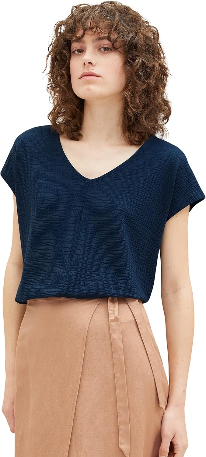 TOM TAILOR Damen Basic T-Shirt im Material-Mix 3XL 11758 - Midnight Sail, 3XL 11758 - Midnight Sail