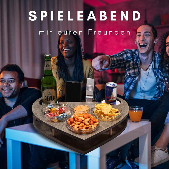 Herz Couchbar in Grau mit 4 Glasschalen - Sofa Butler für Snacks & Getränke [stabil & sicher] Snackb