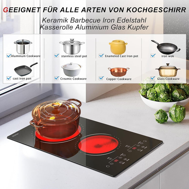Glaskeramikkochfeld 2 Zonen mit Stecker, Hobsir Einbau Kochfelder 30cm, 3000W, Touch-Steuerung, Dopp