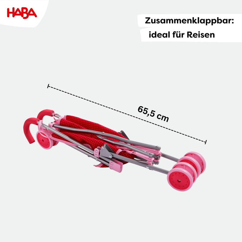 HABA 303815 - Puppenbuggy Jule , Handlicher Buggy mit Anschnallgurt , Lässt sich schnell zusammenkla