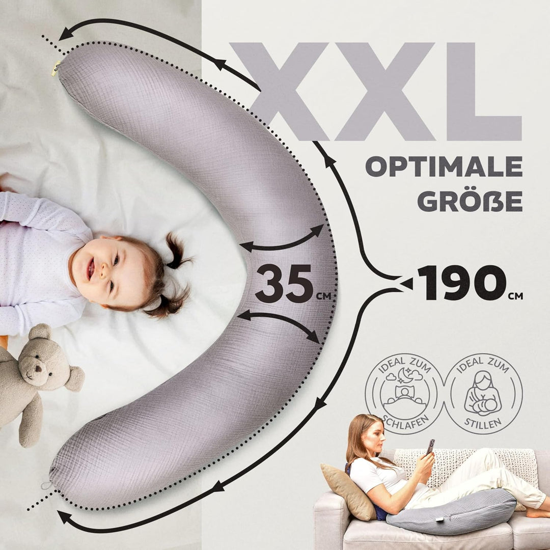sei Design XXL Stillkissen 190 cm x 35 cm mit Musselin-Bezug ergonomisch. Schwangerschaftskissen Sei