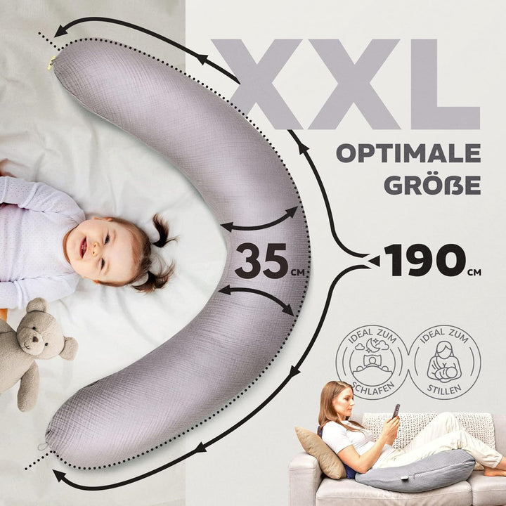 sei Design XXL Stillkissen 190 cm x 35 cm mit Musselin-Bezug ergonomisch. Schwangerschaftskissen Sei