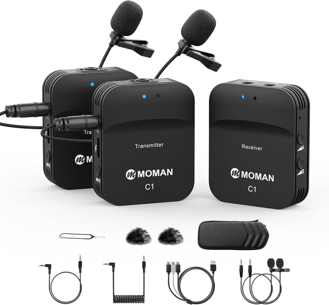 Moman Lavalier Mikrofon Wireless, C1X Ansteckmikrofon Kabellos System bis zu 50m für DSLR Kamera Cam
