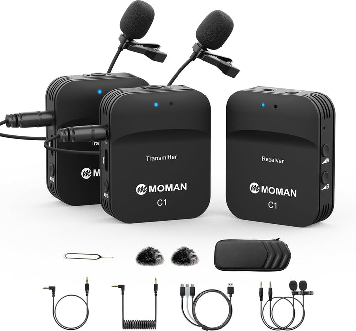 Moman Lavalier Mikrofon Wireless, C1X Ansteckmikrofon Kabellos System bis zu 50m für DSLR Kamera Cam