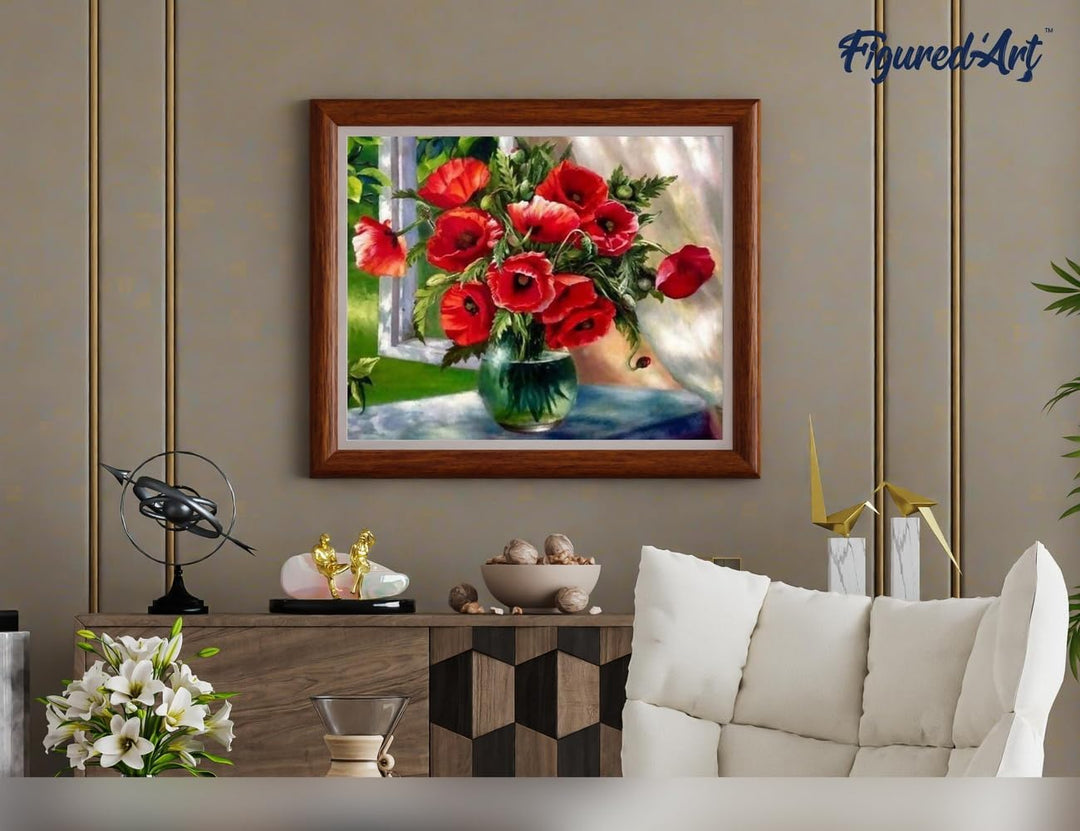 Figured'Art Malen Nach Zahlen Erwachsene Mit Rahmen Roter Blumenstrauss - Paint by Numbers Basteln D
