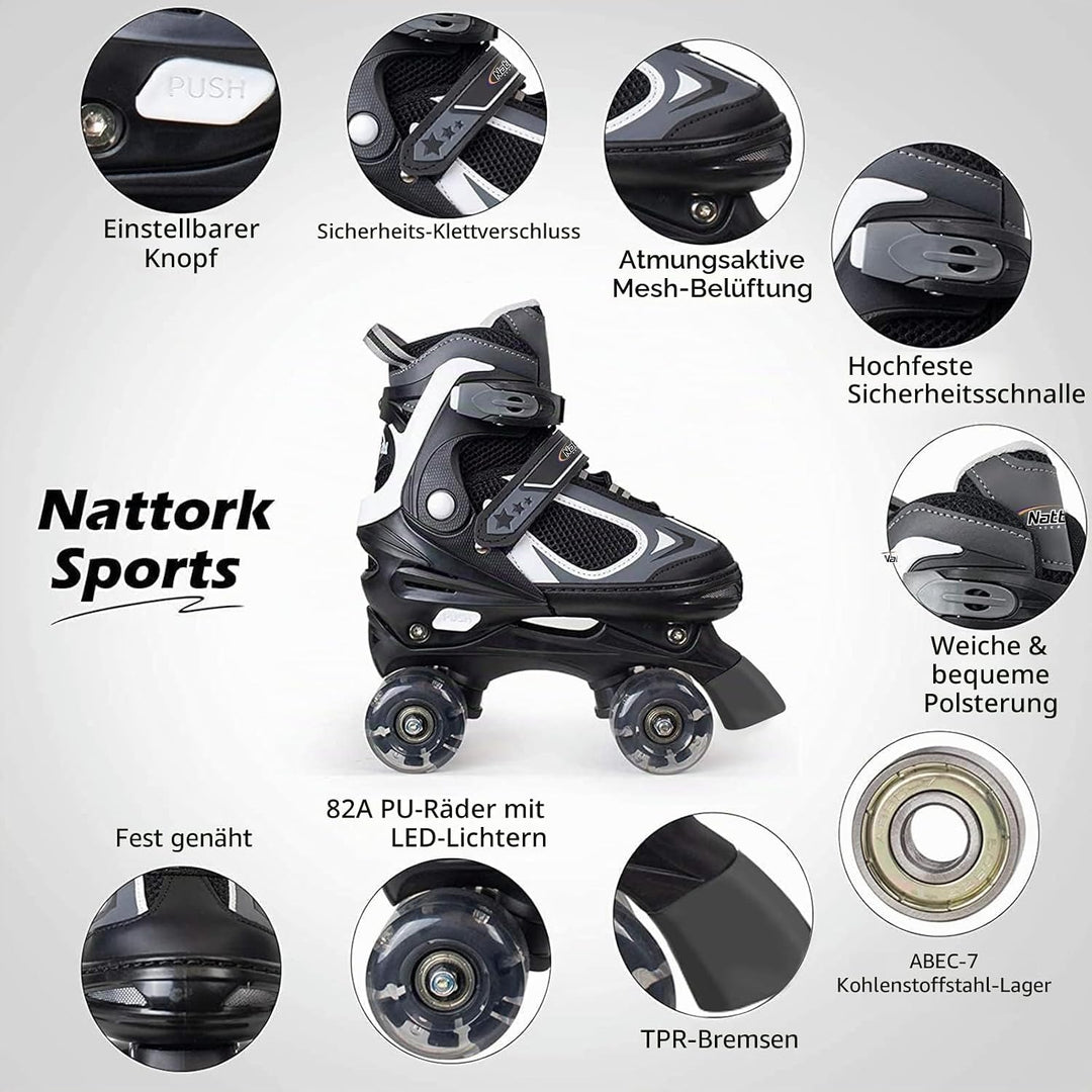 Nattork Kinder Rollschuhe für Jungen Mädchen, 4 Grössen Verstellbare Quad Skates, Roller Skates mit