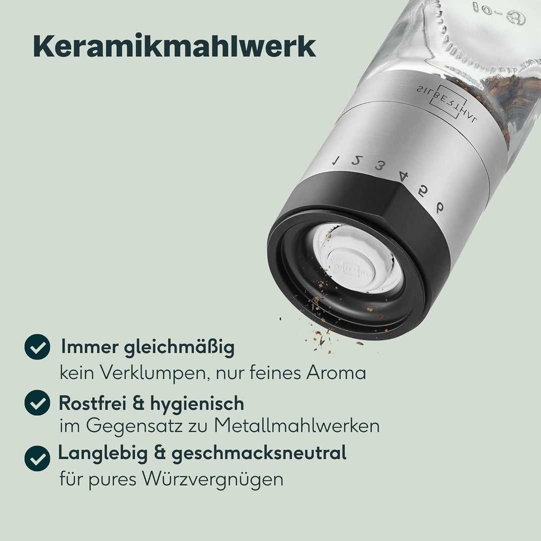 SILBERTHAL Pfeffer- & Salzmühle 4er Set – Mit aussenliegendem Einstellring - 6-Stufen-Mahlwerk, lang