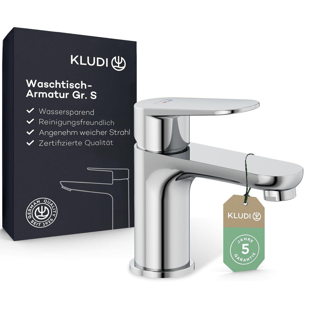 KLUDI-X1 Waschtischarmatur, Auslaufhöhe 75 mm, wassersparender Wasserhahn Bad Grösse S, Keramikkartu