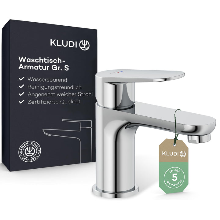 KLUDI-X1 Waschtischarmatur, Auslaufhöhe 75 mm, wassersparender Wasserhahn Bad Grösse S, Keramikkartu