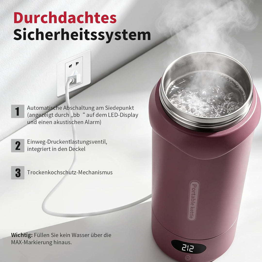 Elektrischer Reisewasserkocher mit 4 Temperaturstufen, 450ml Mini Wasserkocher aus 304 Edelstahl & V