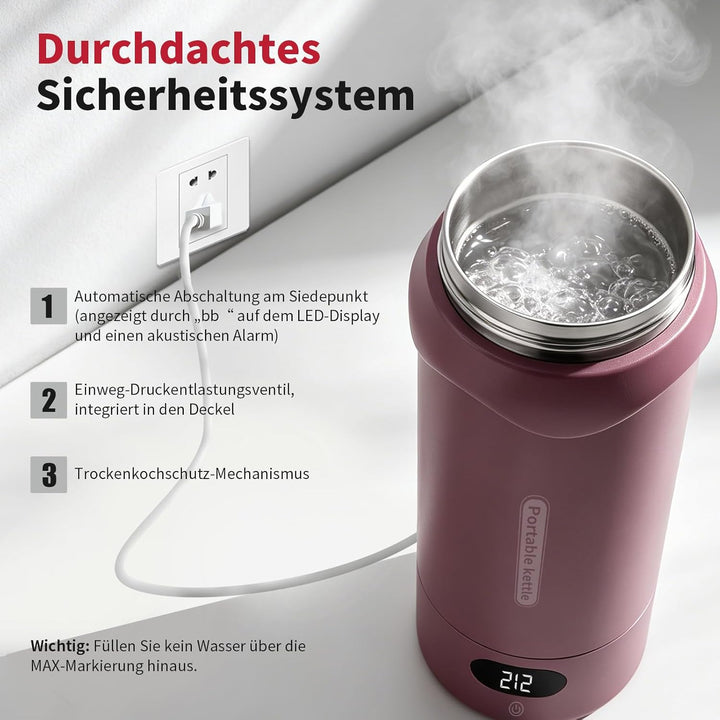 Elektrischer Reisewasserkocher mit 4 Temperaturstufen, 450ml Mini Wasserkocher aus 304 Edelstahl & V