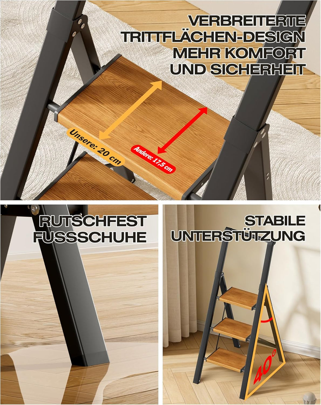 Trittleiter 3 Stufen klappbar,Tritthocker aus Aluminium | Leiter mit Handlauf,150kg Tragfähigkeit,An