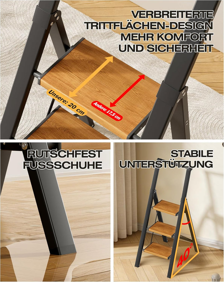 Trittleiter 3 Stufen klappbar,Tritthocker aus Aluminium | Leiter mit Handlauf,150kg Tragfähigkeit,An